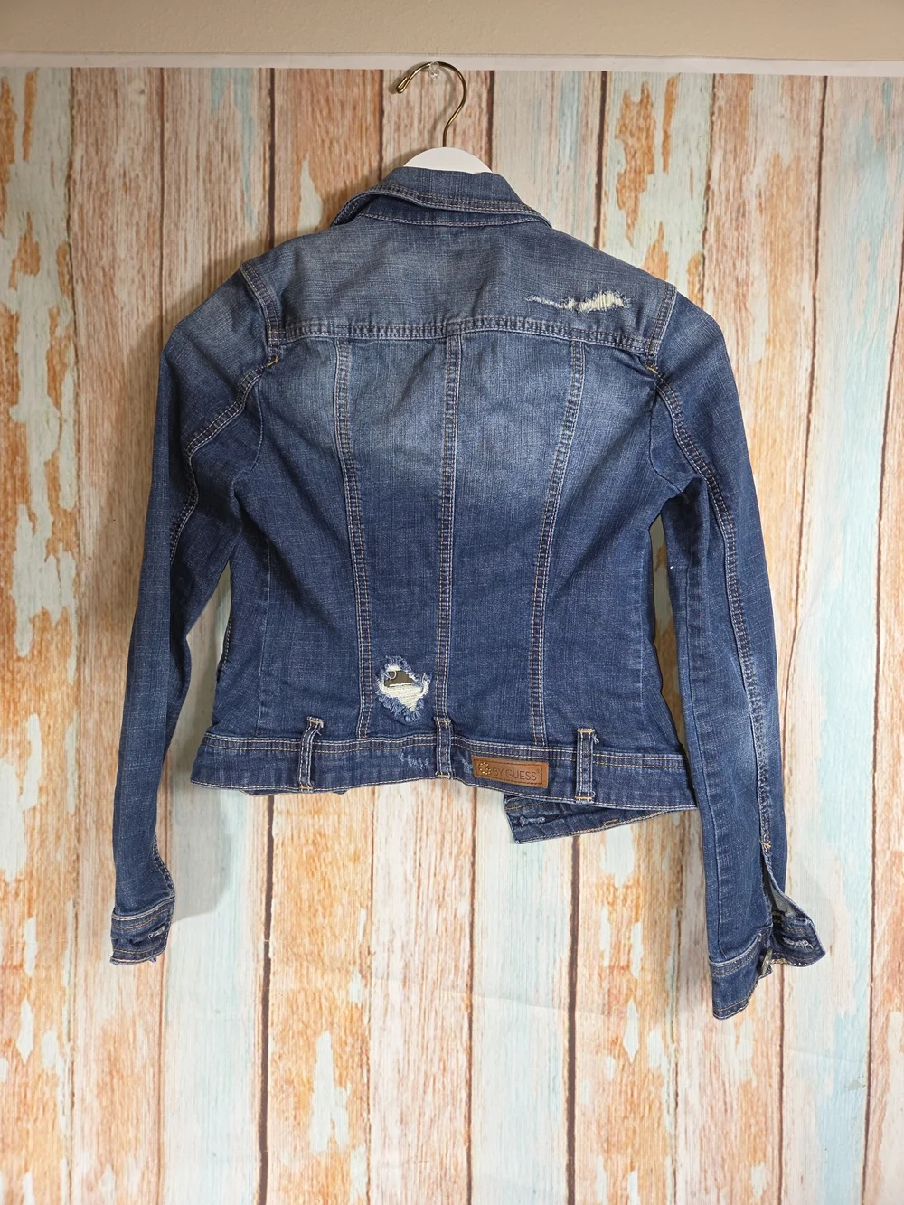 G by GUESS Women's Distressed Cropped Denim Jacket Dark Wash Size XS Y2K Jean